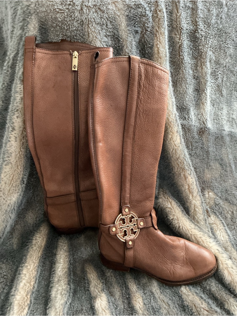 Tory Burch AuthenticAmanda Tall Zip Riding Boots, Saddle Brown Size 6.5, T logo